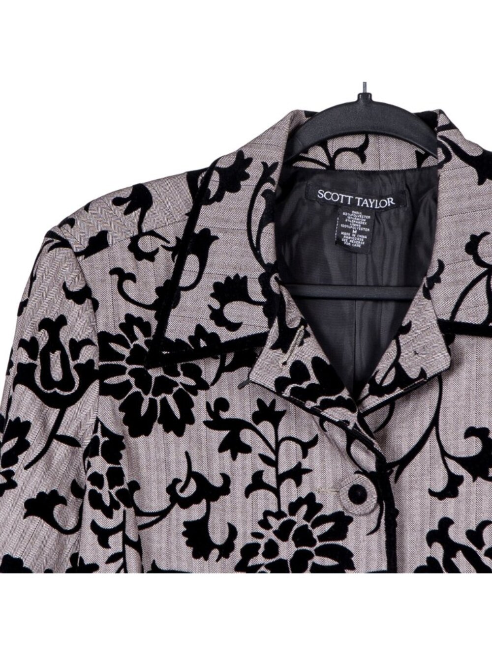 Floral Herringbone Jacket M Women Long Buttons Velour Accent Gray Black - Picture 2 of 6
